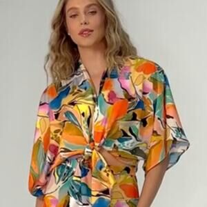Lavender Brown Adele Tie Front Top Shrug Nude Orange Print S NEW Resortwear Chic